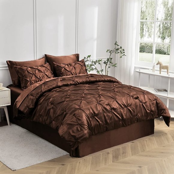 New Satin Comforter King 8 Pieces - Luxurious Pinch Pleat Bedding Set with Comfo - Picture 1 of 9